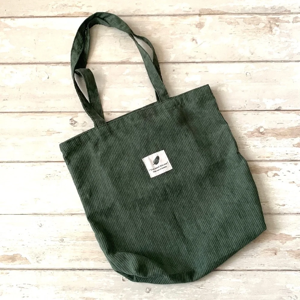 Corduroy Tote Bag Ribbed Green 100% Cotton Eco Reusable Purse Womens 14in x 14in